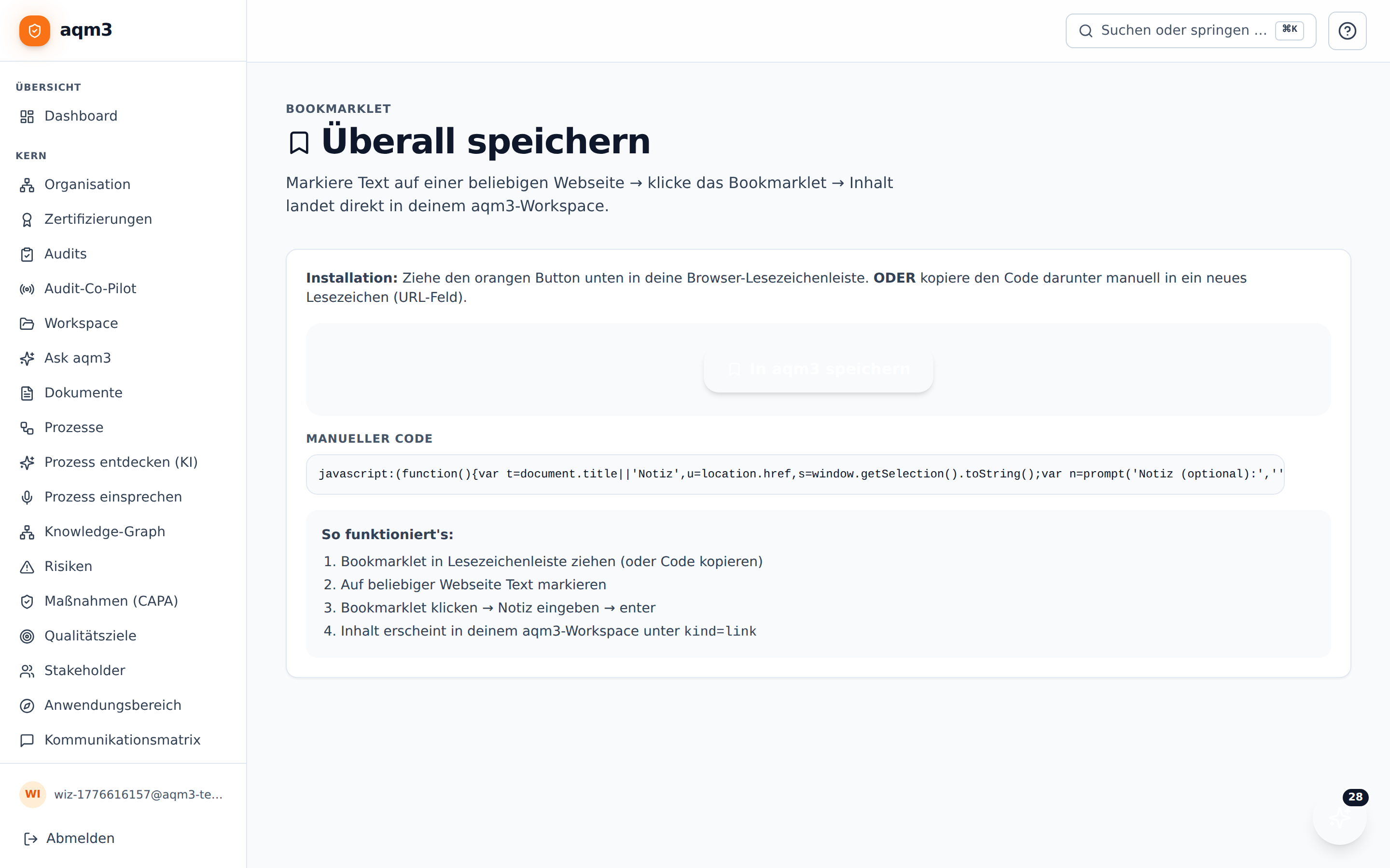 Bookmarklet-Einrichtungs-Seite