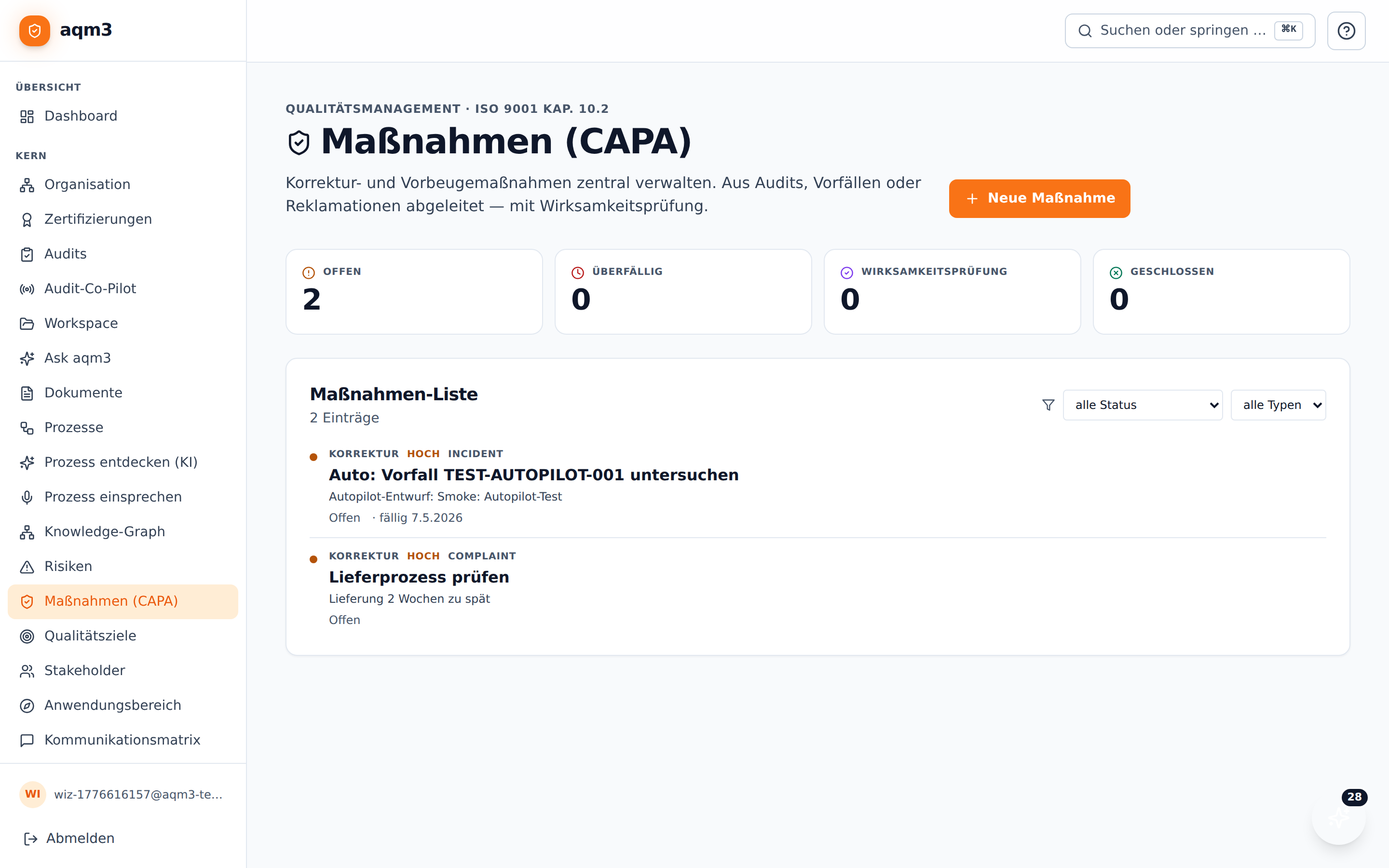 CAPA-Liste mit Stats, Priorität und Status
