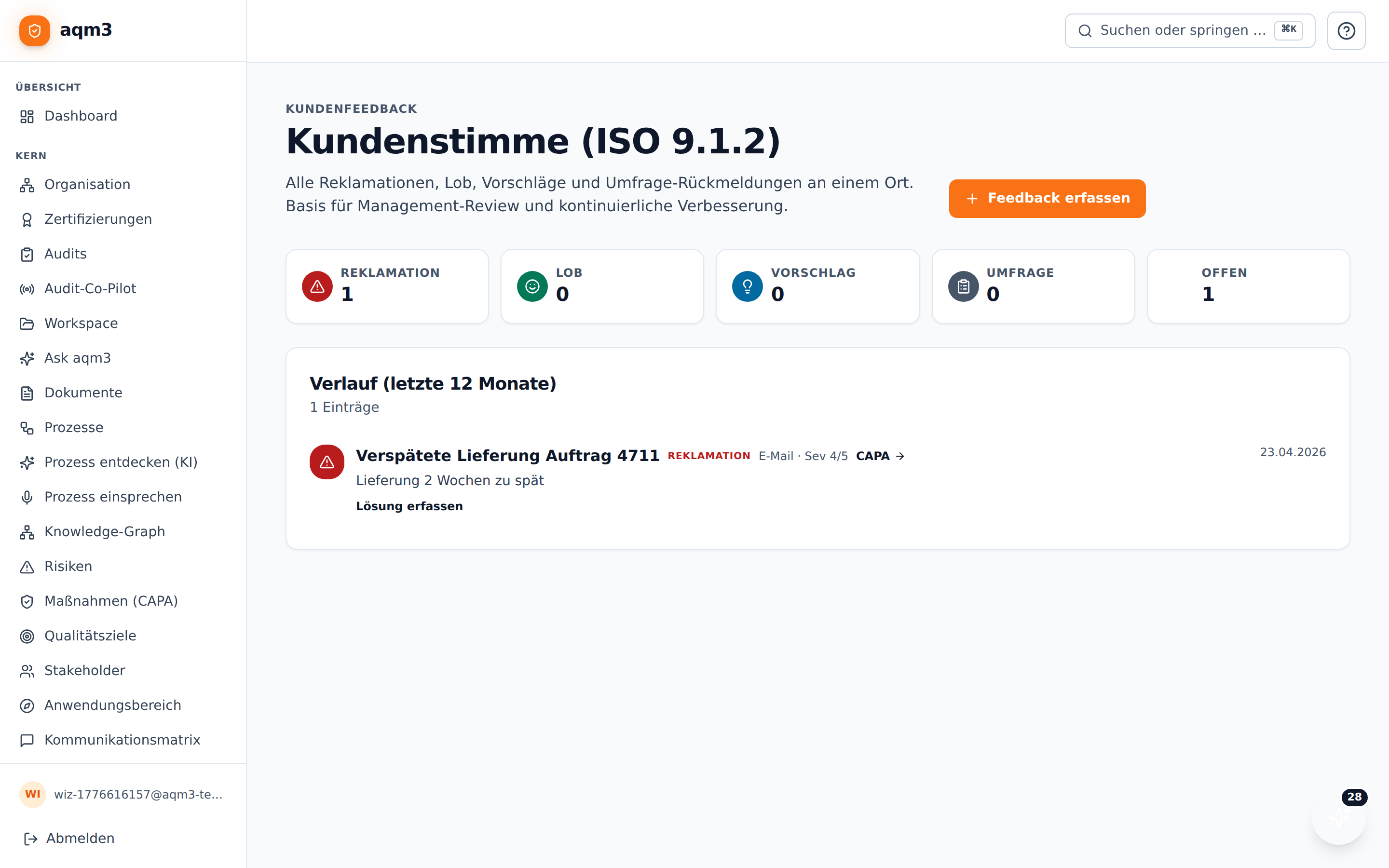 Kundenfeedback-Liste mit Stats