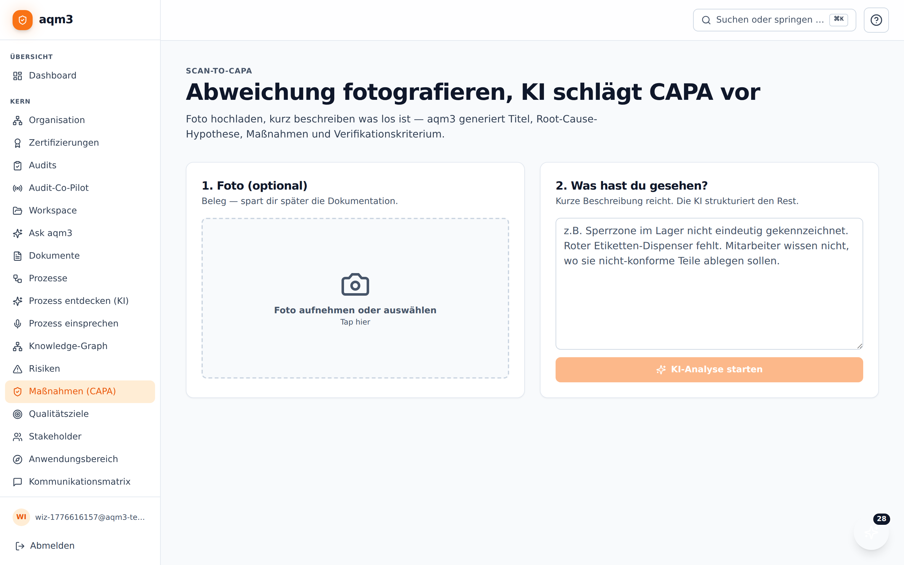 Scan-to-CAPA UI mit Foto und KI-Entwurf